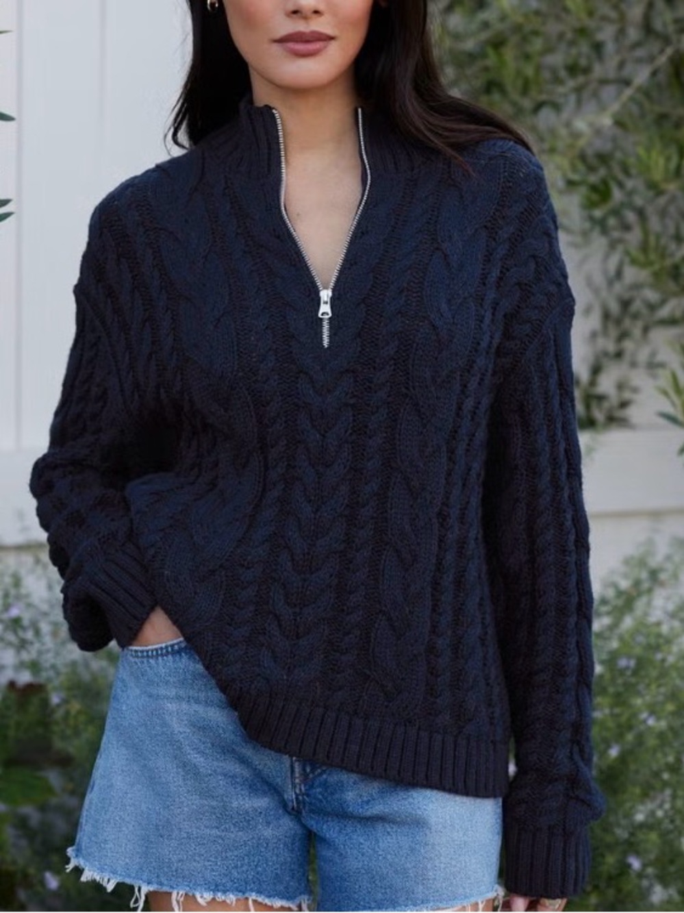 Jenni Kayne Cotton Cable Knit Half Zip Sweater Navy Blue Size M